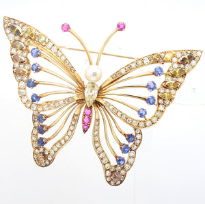 Diamond, Sapphire, Ruby, and Pearl Butterfly Brooch