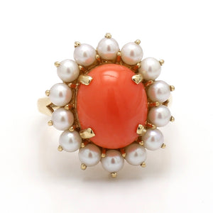 SOLD - 12mm Oval Cabochon Cut Coral and Pearl Ring
