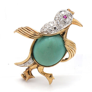 SOLD - 0.33ctw Round Brilliant Cut Diamond and Turquoise Brooch