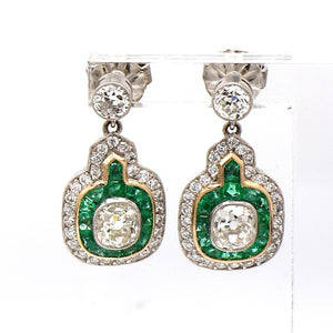SOLD - 1.86ctw Old Mine Cut Diamond and Emerald Earrings