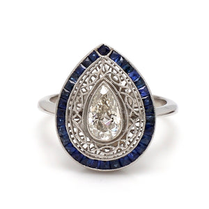 SOLD - 0.70ct Pear Shaped Diamond and Sapphire Ring