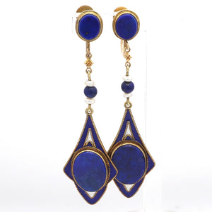 SOLD - Lapis Lazuli, Pearl, and Enamel Inlay Earrings