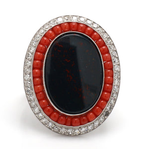SOLD - Bloodstone, Coral, and Diamond Ring
