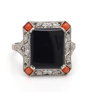 Onyx, Coral, and Diamond Ring