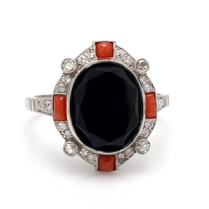 SOLD - Onyx, Coral, and Diamond Ring