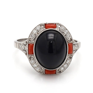 SOLD - Onyx, Coral, and Diamond Ring