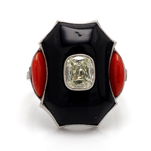 SOLD - 1.00ct Antique Cushion Cut Diamond, Onyx, and Coral Ring