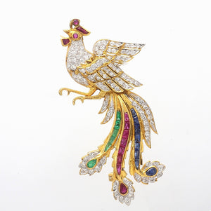 Diamond, Ruby, Sapphire, and Emerald Rooster Brooch