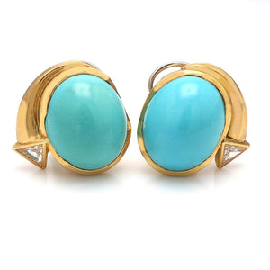 Cabochon Cut, Persian Turquoise and Diamond Earrings