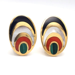Malachite, Coral, Mother of Pearl, and Onyx Inlay Earrings