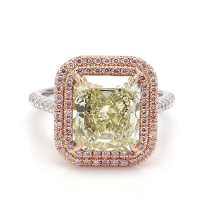 4.06ct Fancy Light Greenish Yellow VS2 Cushion Cut Diamond Ring - GIA Certified