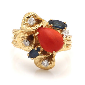 Coral, Sapphire, and Diamond Ring