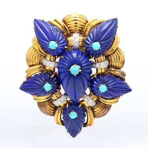 Carved Lapis, Turquoise, and Diamond Brooch