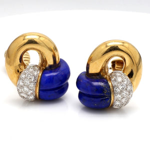 SOLD - Carved Lapis Lazuli and Diamond Earrings
