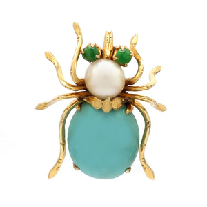 Turquoise, Pearl, and Jade Brooch