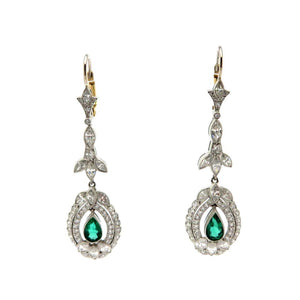 2.89ctw Old European, Marquise Cut Diamond and Emerald Earrings
