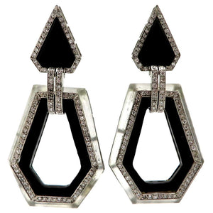 SOLD - 1.00ctw Round Brilliant Cut Diamond, Onyx, and Rock Crystal Earrings