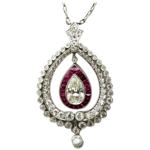 SOLD - 0.87ct Pear Shaped Diamond and Ruby Necklace