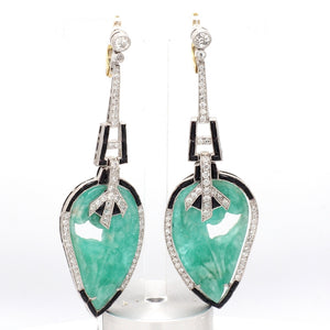 1.55ctw Old European Cut Diamond and Carved Emerald Earrings