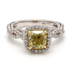 2.04ct Fancy Greenish Yellow, Cushion Cut Diamond Ring - GIA Certified