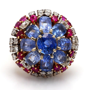 8.08ctw Sapphire, Diamond, and Ruby Cluster Ring - GIA Certified