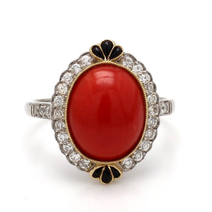 SOLD - Coral, Diamond, and Onyx Ring